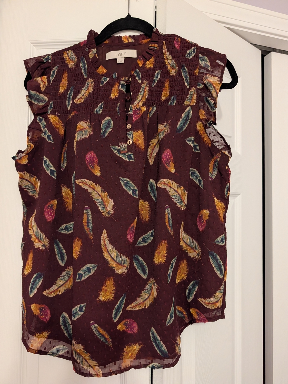 LOFT Burgundy Feather-Print Ruffled Shell Top